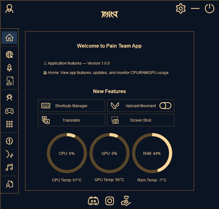 Pain Team App interface showing system optimizer and gaming tools